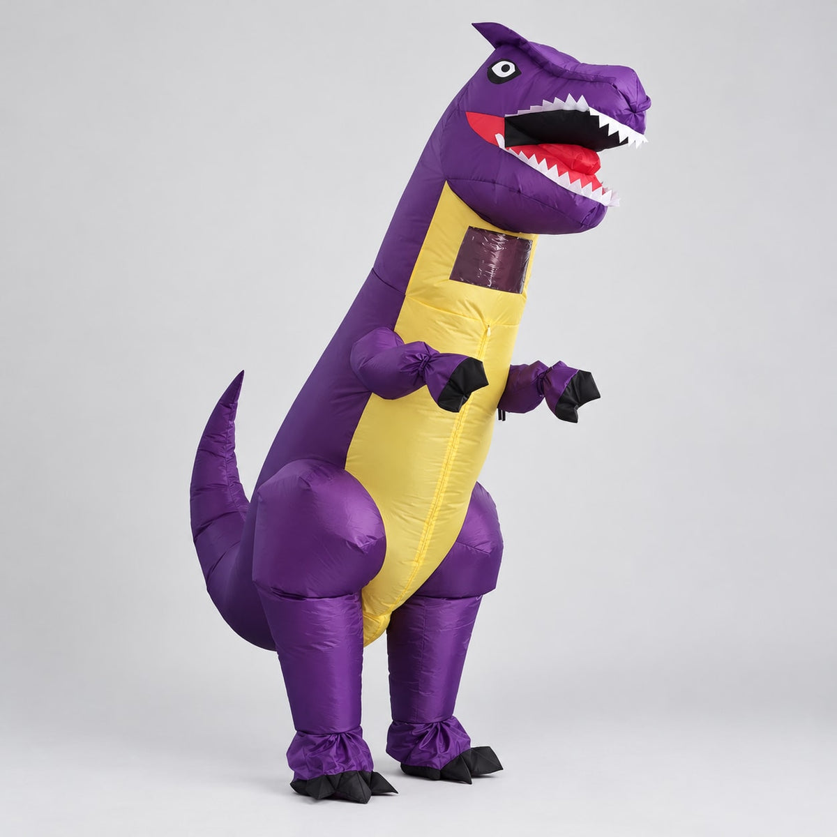Purple inflatable T-rex dinosaur costume worn by an adult, front three-quarter view