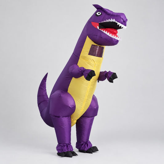 Purple inflatable T-rex dinosaur costume worn by an adult, front three-quarter view