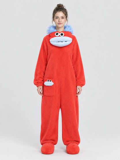 Red Hooded Pajama Jumpsuit with Cartoon Design