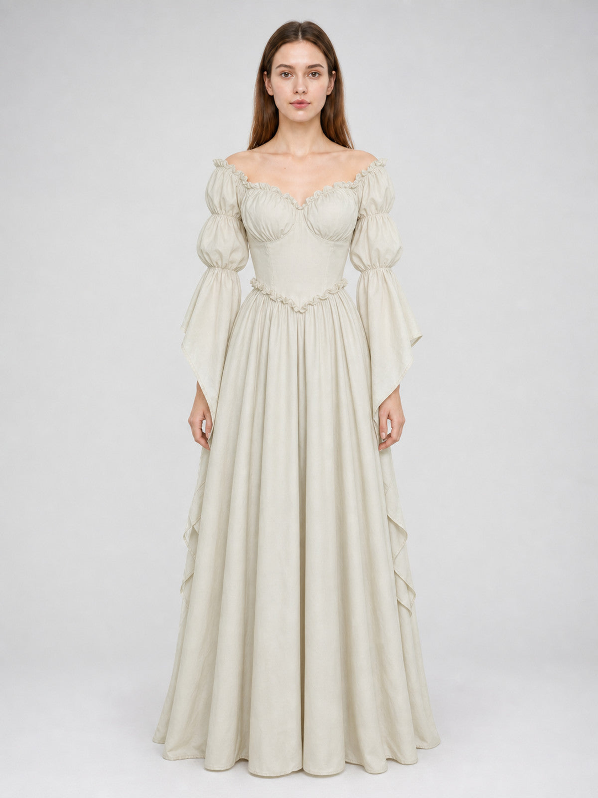 Long Vintage-Style Ruffled Dress front view
