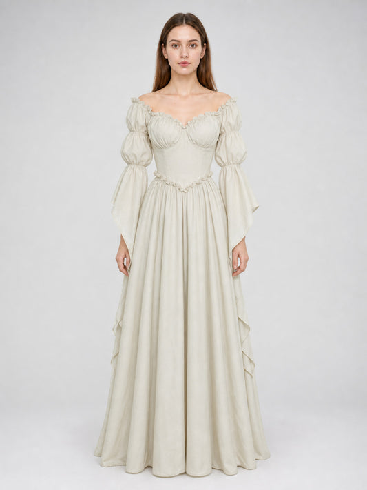 Long Vintage-Style Ruffled Dress front view