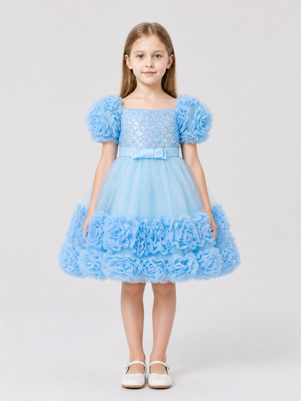 Voluminous Princess Dress with Sequins, Sleeves, and Bow on-model view