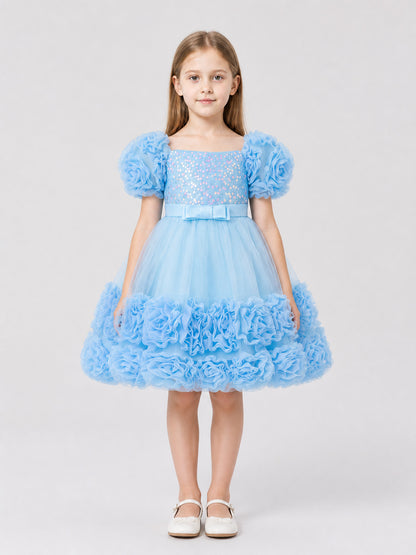 Voluminous Princess Dress with Sequins, Sleeves, and Bow on-model view