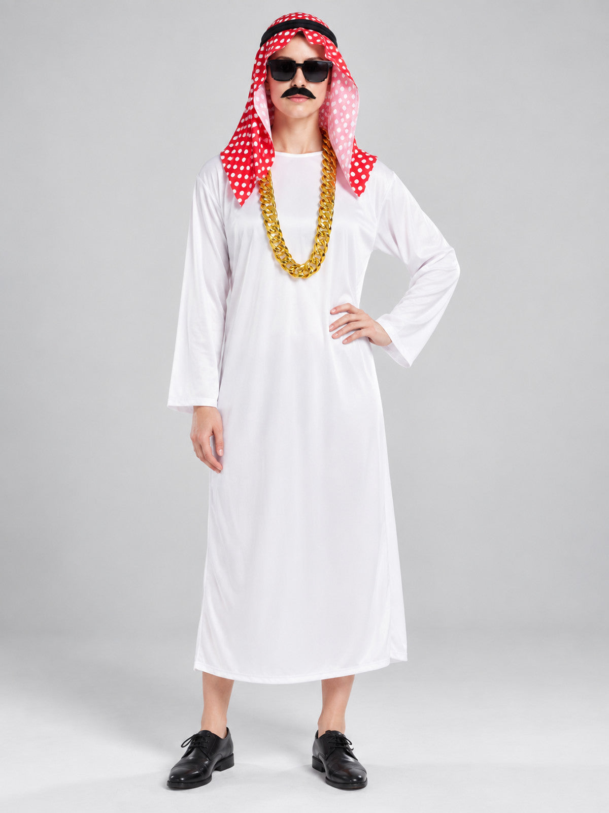 Costume with White Robe, Headscarf, Glasses, and Chain on-model view