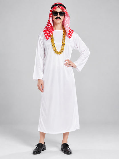 Costume with White Robe, Headscarf, Glasses, and Chain on-model view