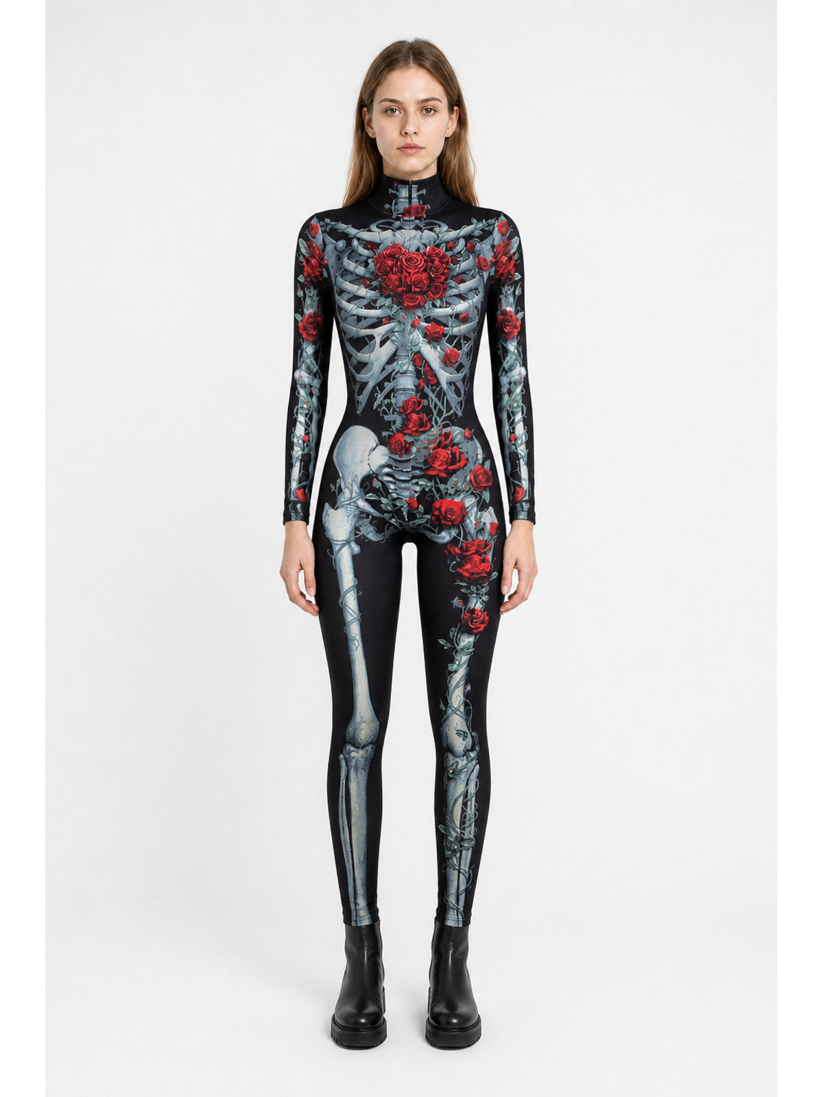 Black Skeleton Jumpsuit with Roses for Halloween main product view