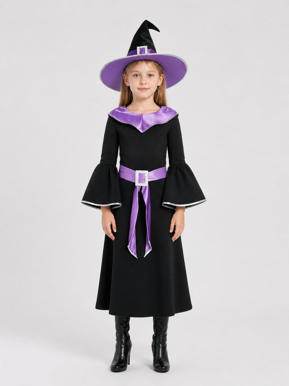 Witch Costume: Purple Dress and Hat on-model view