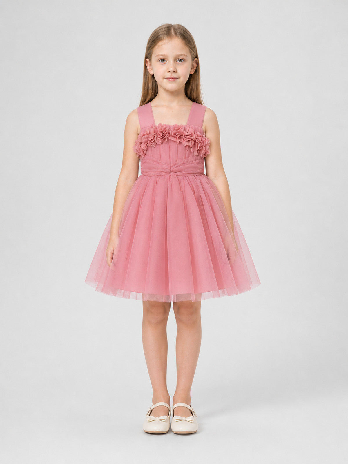 Girls' dressy dress with a full skirt and bow on-model view