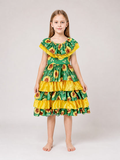 Tiered Girls' Dress with Ruffles and Flowers