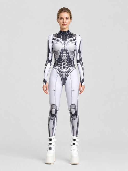 Cyberpunk Robot Jumpsuit with Mechanical Skeleton on-model view