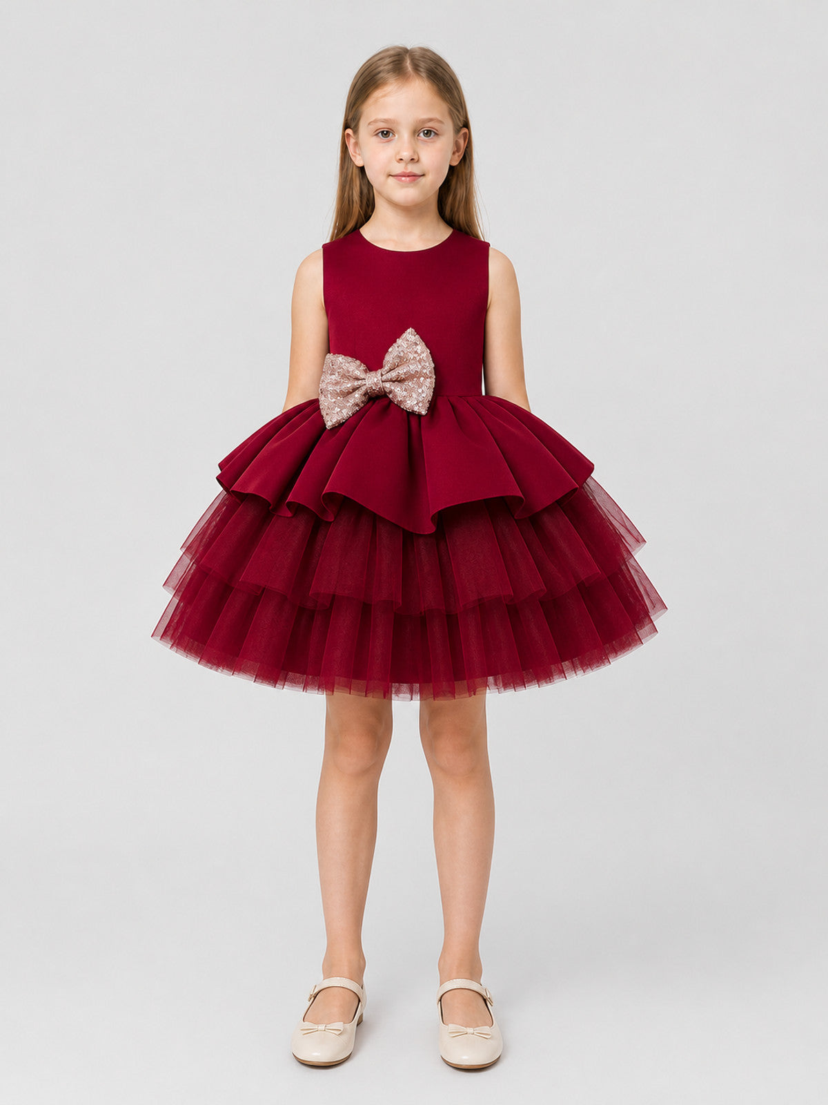 Children's Burgundy Princess Dress with Full Skirt and Bow on-model view