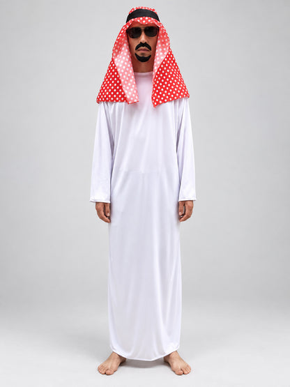 Arab Sheikh Costume with White Robe and Red Headscarf