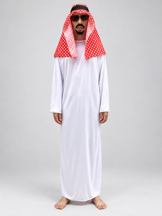 Model wearing an adult Arab sheikh costume: floor-length white long-sleeve robe, red and white polka-dot headscarf with black headband, front view