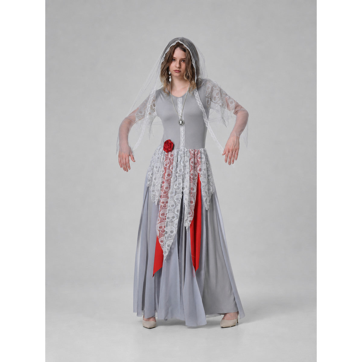 A retro court-inspired costume featuring a gray floor-length dress with white lace details and a veil. The design has a round neckline, long sleeves, a fitted bodice, and a flared skirt. White lace overlay appears on the sleeves and lower p