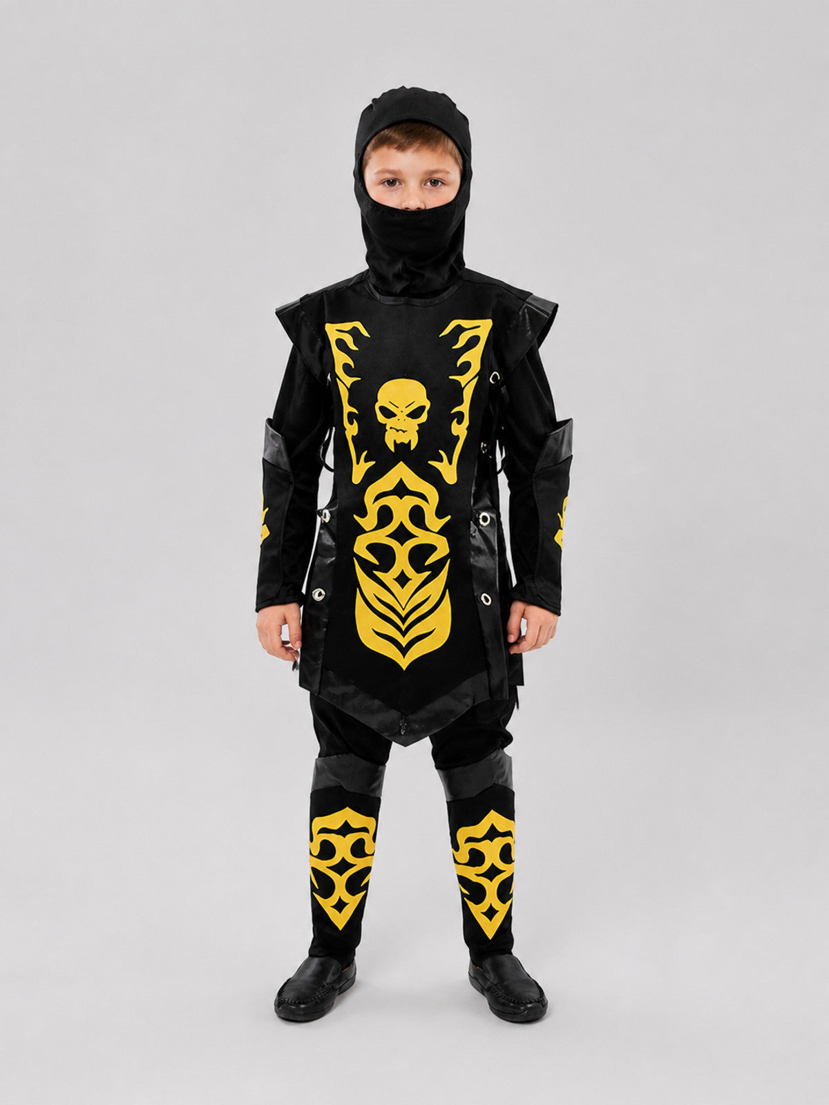Black-and-Gold Ninja Costume with Mask and Gold Skull on-model view