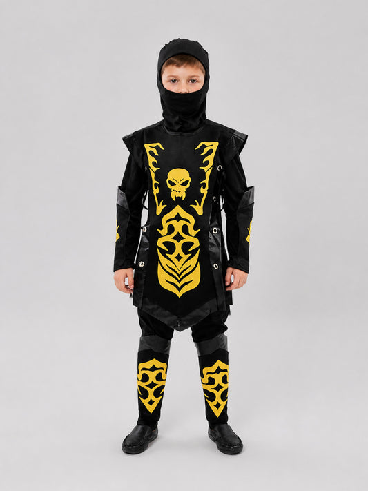 Black-and-Gold Ninja Costume with Mask and Gold Skull on-model view