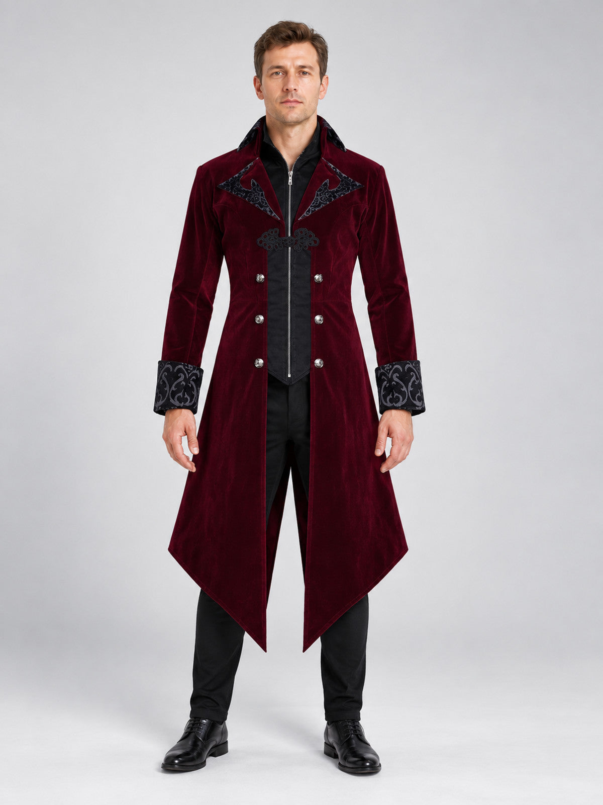Burgundy tailcoat with a high collar and black embroidery