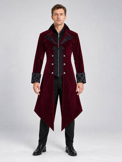 Burgundy tailcoat with a high collar and black embroidery