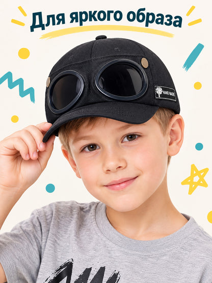 Kids Baseball Cap Black with Glasses and Studs