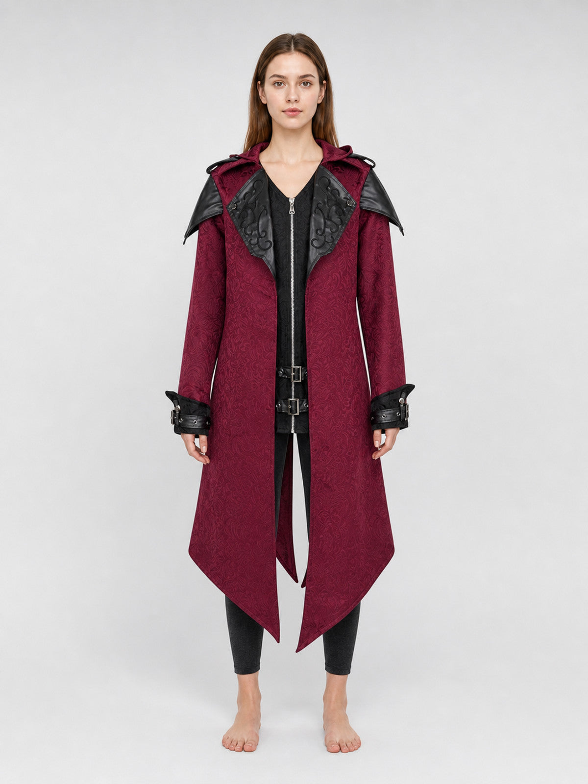 Black long gothic fantasy-style cloak with decorative details, a high collar on-model view