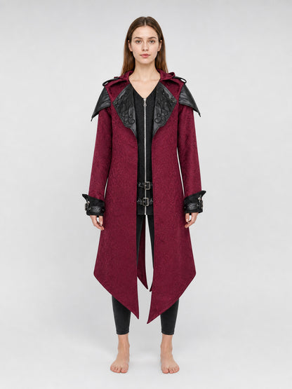 Black long gothic fantasy-style cloak with decorative details, a high collar on-model view