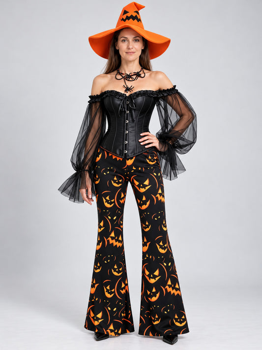 Witch Halloween Costume with Corset, Flared Pants, and Hat