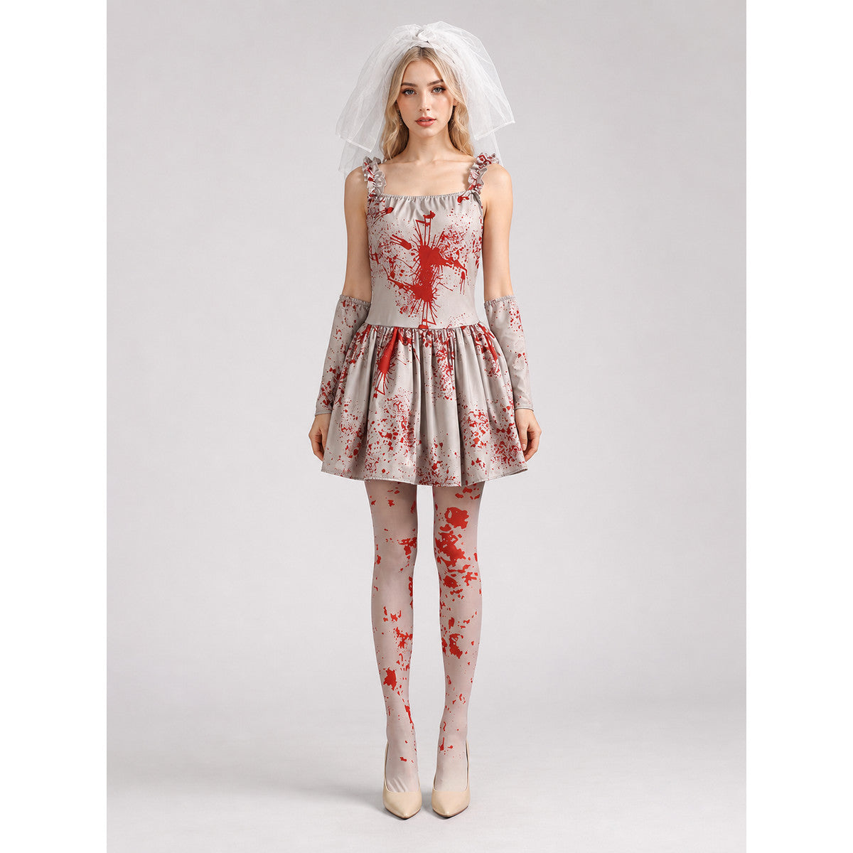 Halloween vampire costume with veil and gloves on-model view