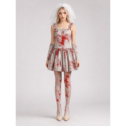 Halloween vampire costume with veil and gloves on-model view