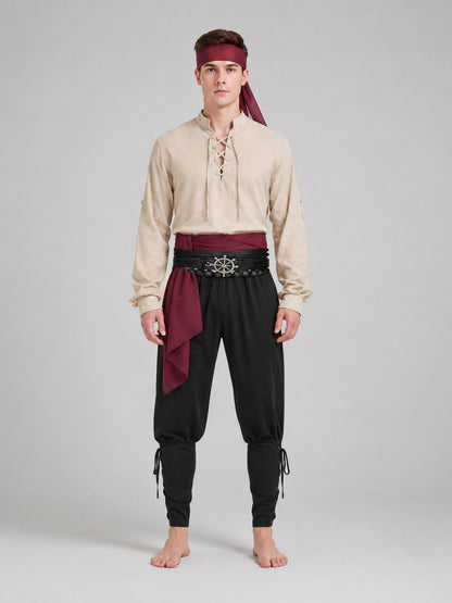 Men's Pirate Costume for Role-Playing, 8 Pieces on-model view