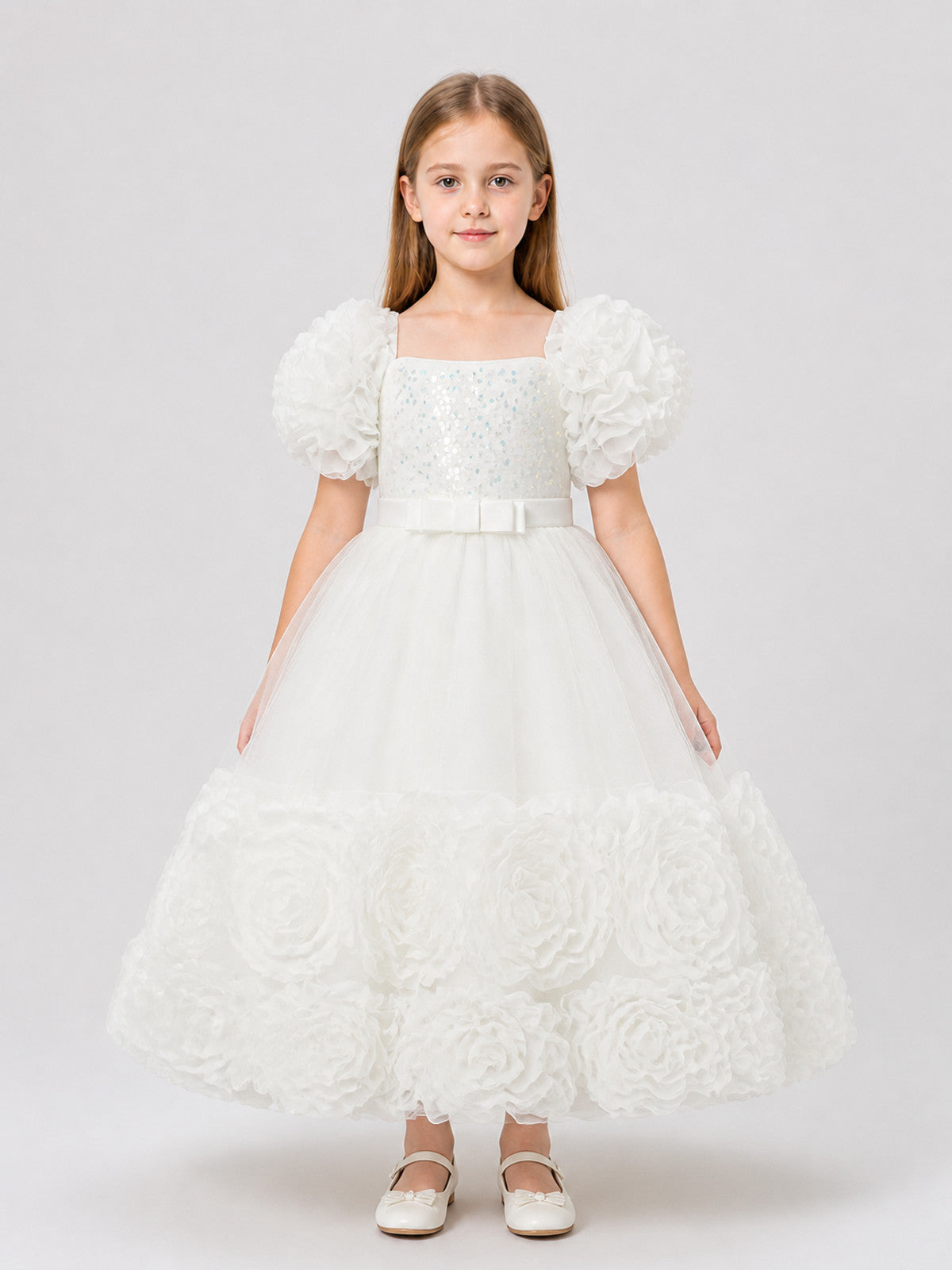 Princess Dress with Sequins, Full Skirt, and Puff Sleeves