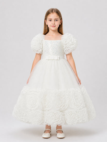 Princess Dress with Sequins, Full Skirt, and Puff Sleeves