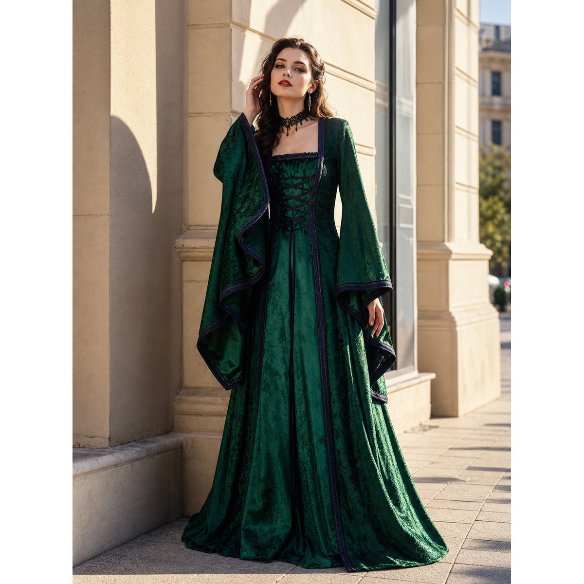 Medieval Gothic Lace-Up Dress with Train