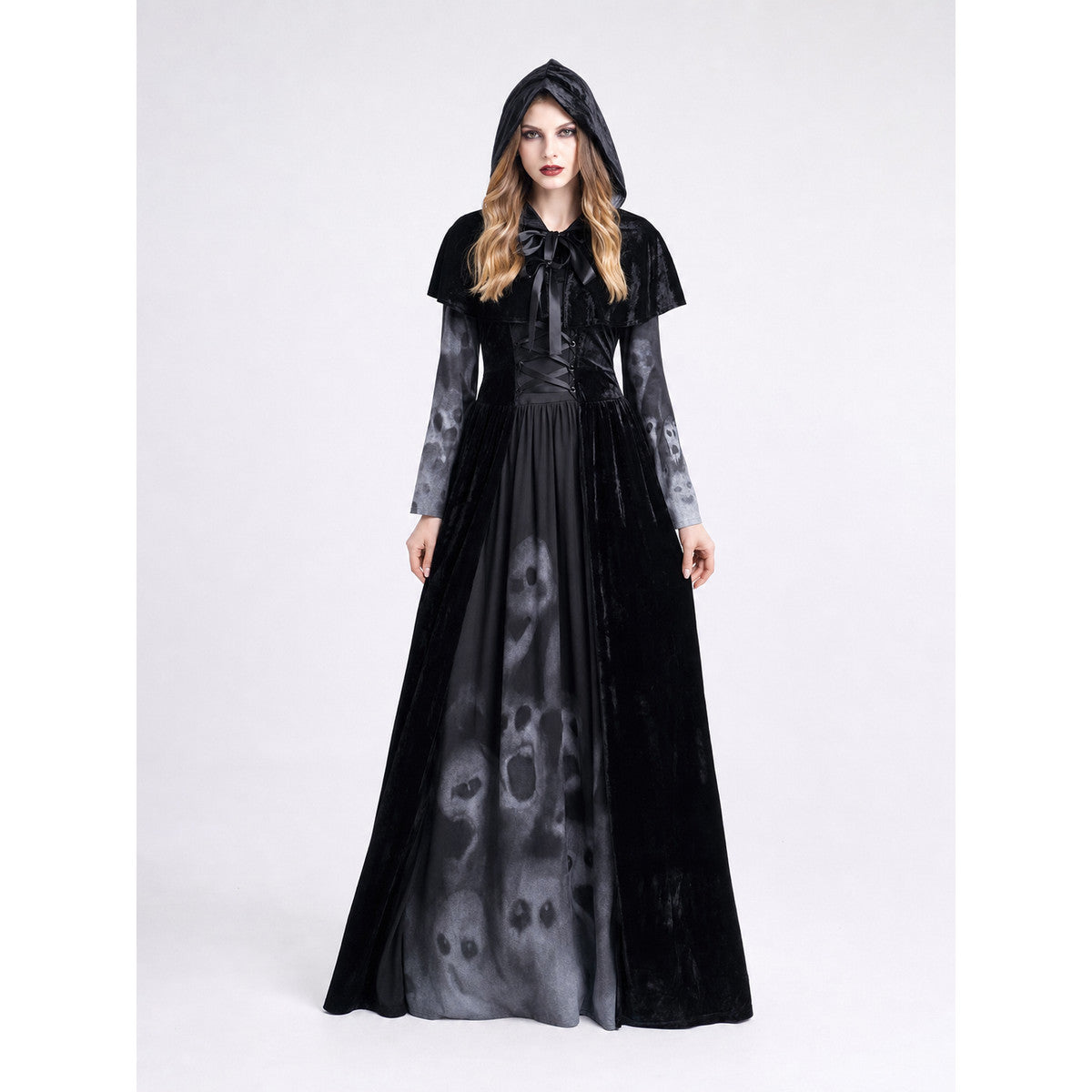 Gothic Hooded Floor-Length Dress with Skull Print on-model view