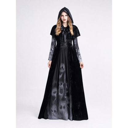 Gothic Hooded Floor-Length Dress with Skull Print on-model view