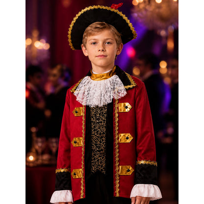 Kids Pirate Captain Costume Set, Red Coat with Gold Trim, Tricorn Hat, and