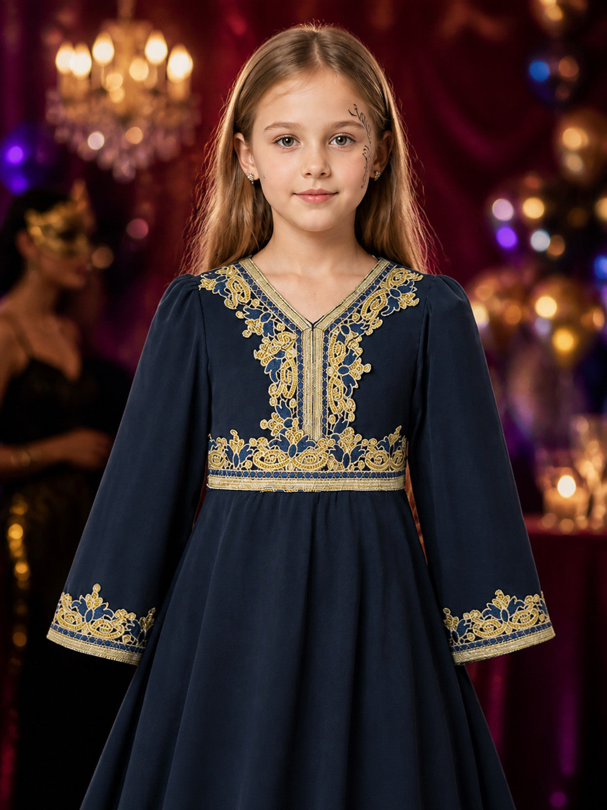 Girls' Navy Blue Princess Dress, Long Sleeve Gold Embroidered Formal Gown