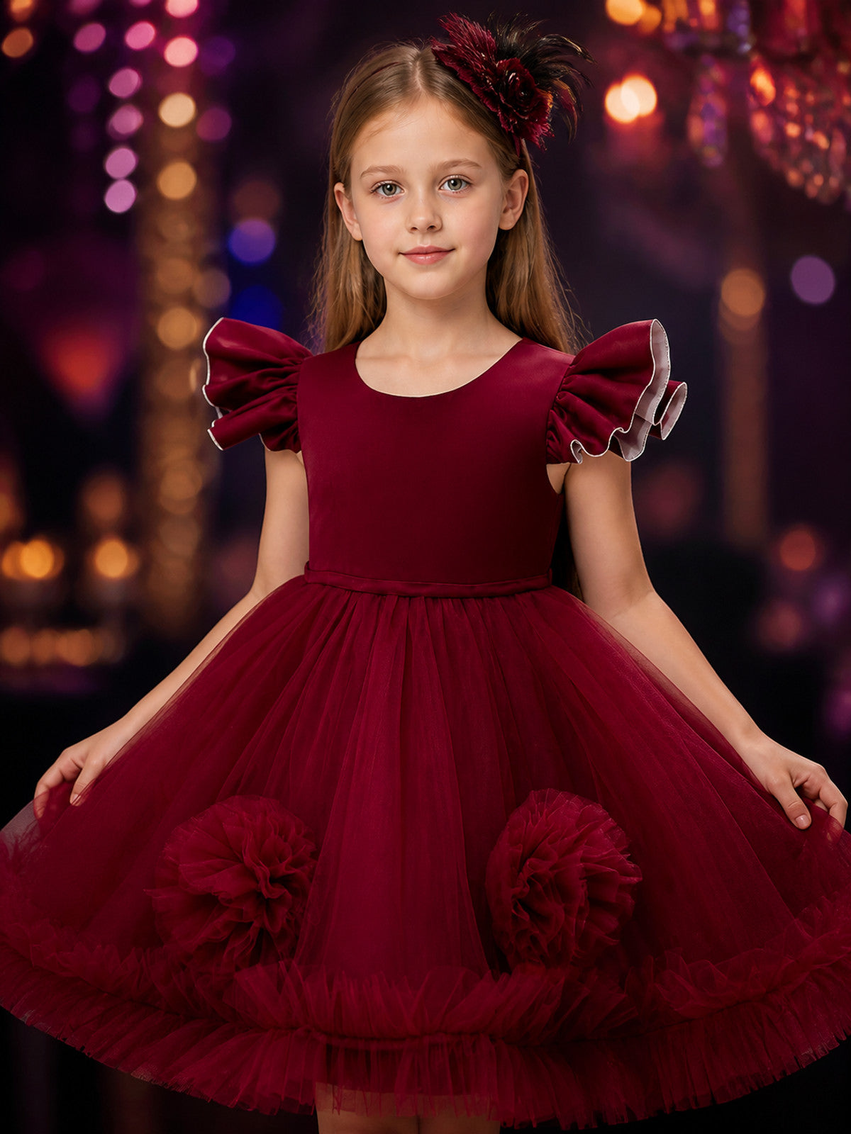 Girls' Maroon Princess Party Dress with Layered Tulle Skirt and 3D Flowers on-model view