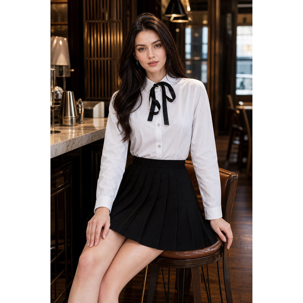 Black pleated mini skirt in a school style on-model view