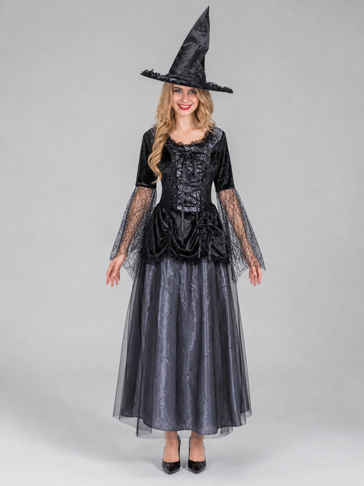 The gray-and-black witch costume is designed in a retro style and includes a front view