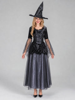 The gray-and-black witch costume is designed in a retro style and includes