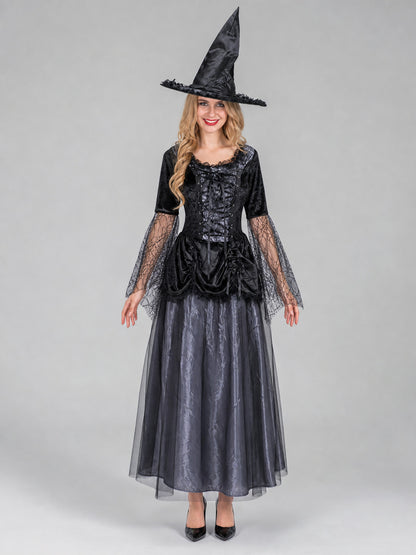 The gray-and-black witch costume is designed in a retro style and includes a front view