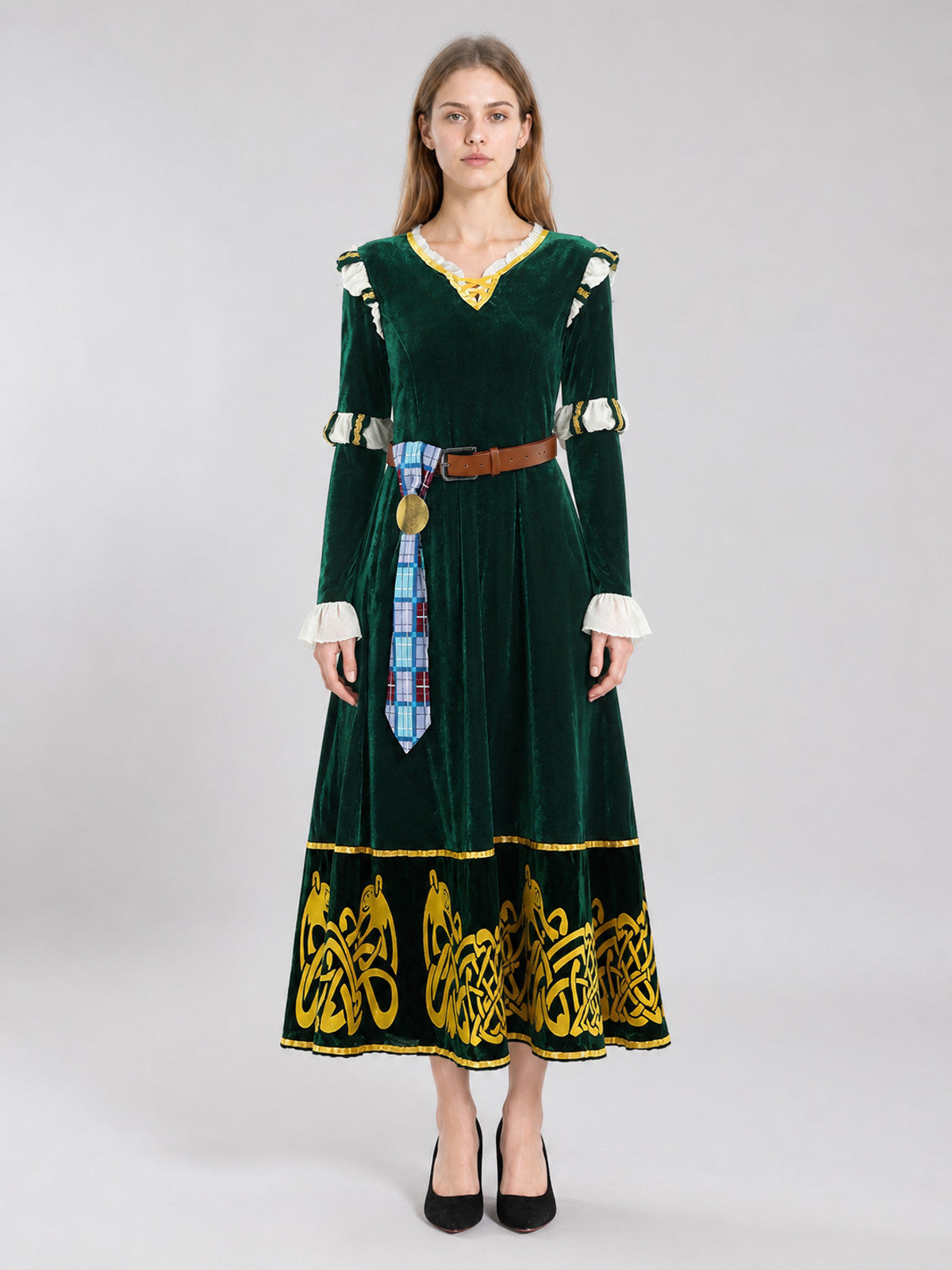 Costume Dress with Gold-Tone Trim and Belt on-model view