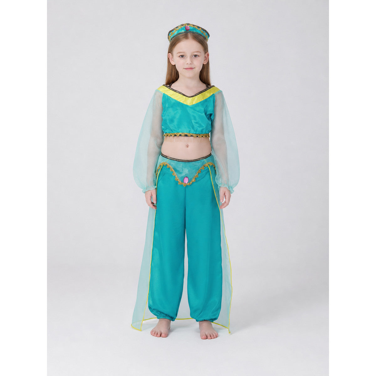 Children's dance costume, green, with headband on-model view