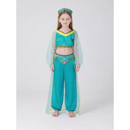 Children's dance costume, green, with headband on-model view