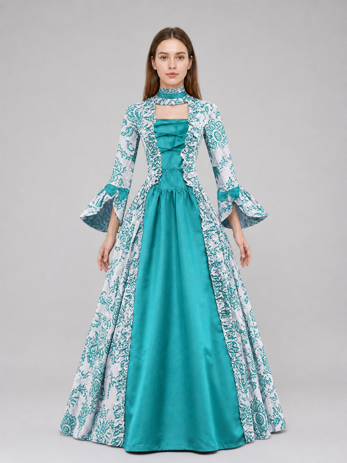 Long Dress with an Ornamental Pattern and Flared Sleeves front view