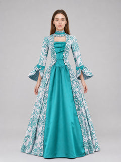 Long Dress with an Ornamental Pattern and Flared Sleeves