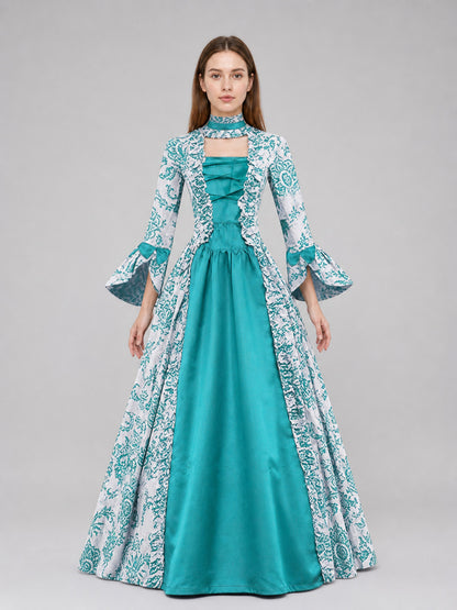 Long Dress with an Ornamental Pattern and Flared Sleeves front view