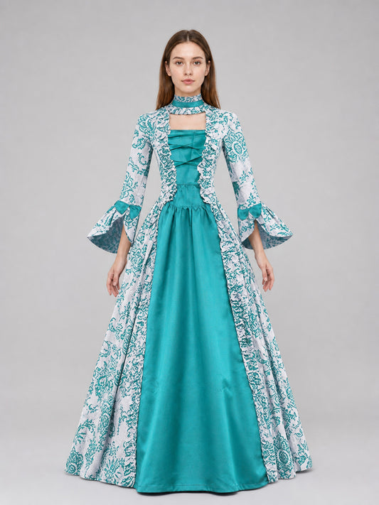 Long Dress with an Ornamental Pattern and Flared Sleeves front view
