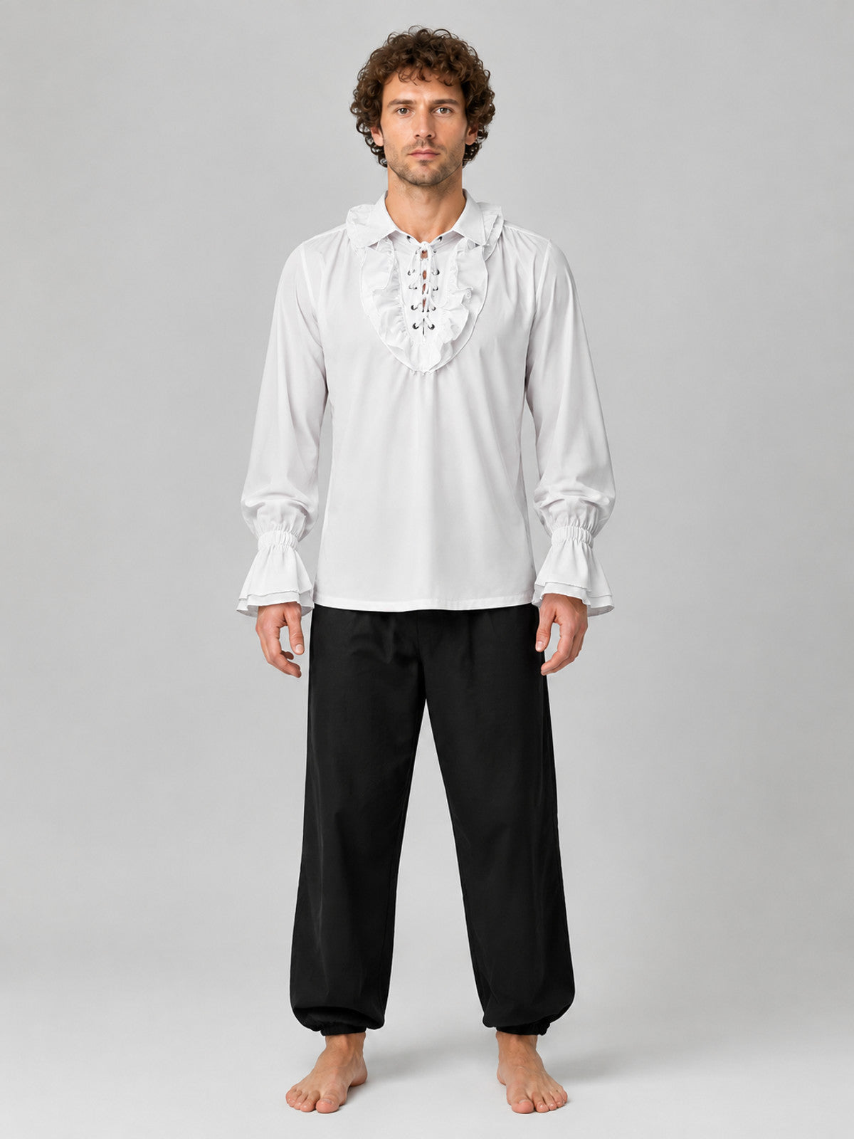 White Chiffon Blouse with Front Lacing and Ruffles on-model view