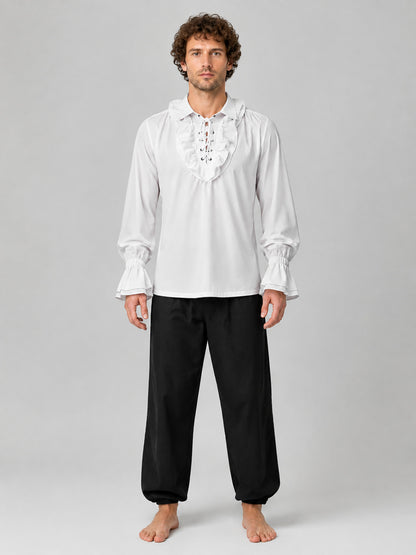 White Chiffon Blouse with Front Lacing and Ruffles on-model view
